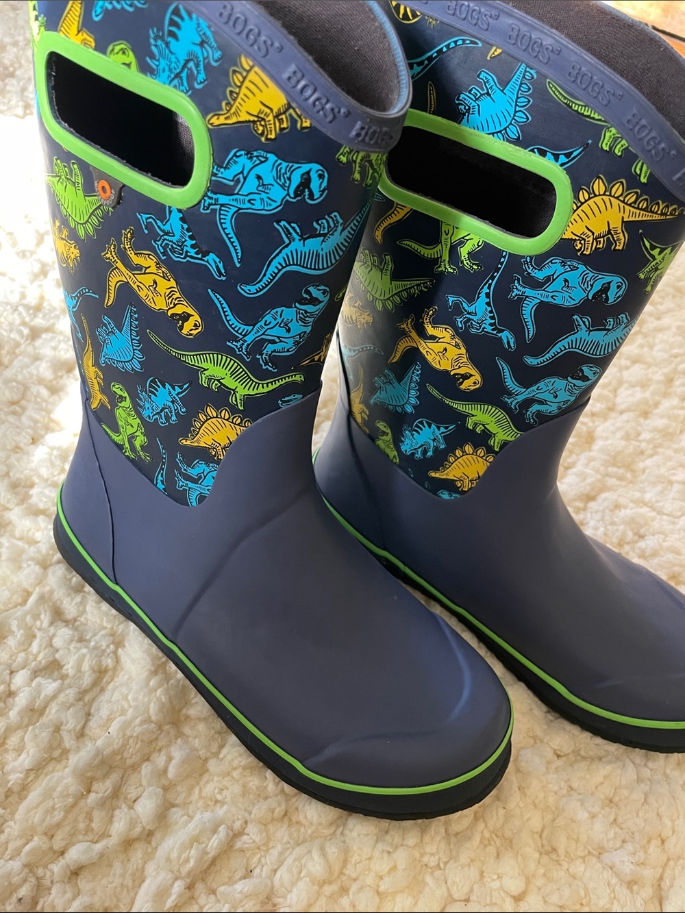 Bogs Kids Navy Rain Boots with Green & Yellow Dino Print